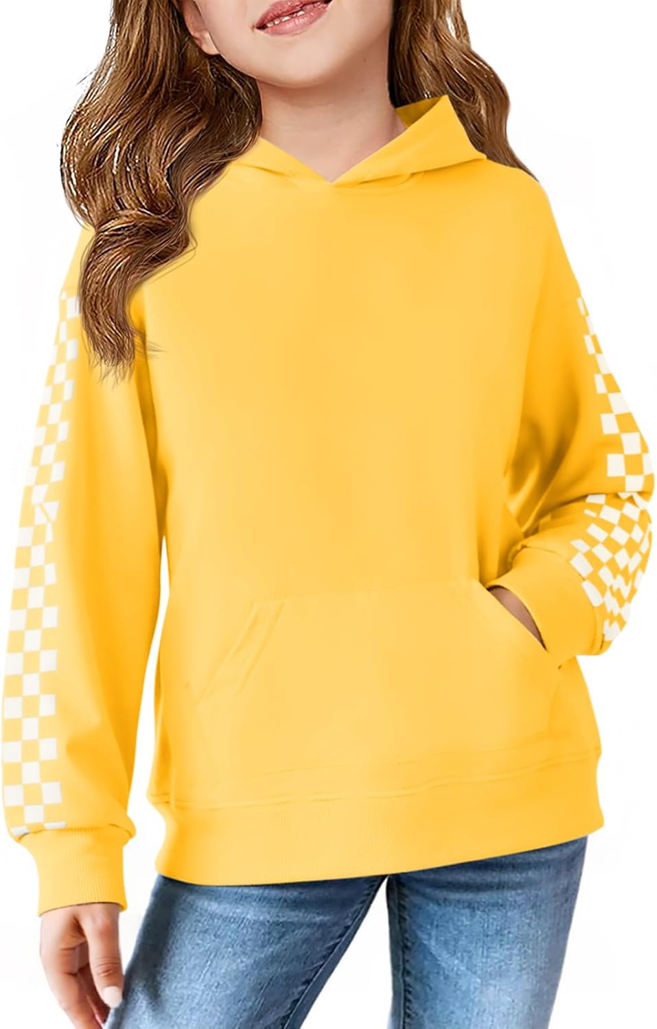 Girls Hoodies Kids Boys Fashion Plaid Long Sleeve Hooded Sweatshirt with Kangaroo Pocket 5-14 Years